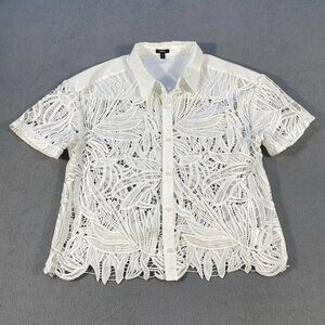 Express Women's White Lace Short Sleeves Button Up Shirt